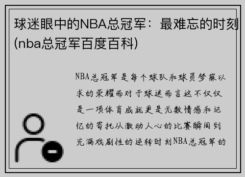 球迷眼中的NBA总冠军：最难忘的时刻(nba总冠军百度百科)
