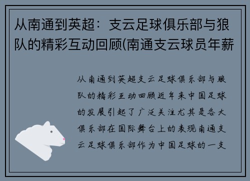 从南通到英超：支云足球俱乐部与狼队的精彩互动回顾(南通支云球员年薪多少)