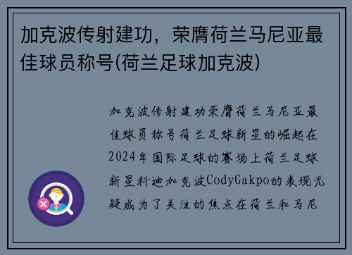加克波传射建功，荣膺荷兰马尼亚最佳球员称号(荷兰足球加克波)