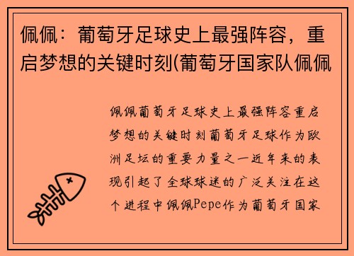 佩佩：葡萄牙足球史上最强阵容，重启梦想的关键时刻(葡萄牙国家队佩佩)