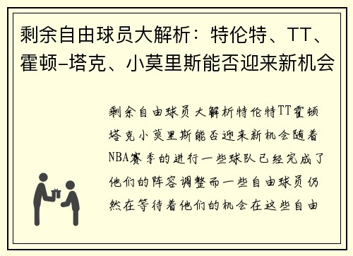 剩余自由球员大解析：特伦特、TT、霍顿-塔克、小莫里斯能否迎来新机会？
