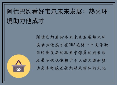 阿德巴约看好韦尔未来发展：热火环境助力他成才