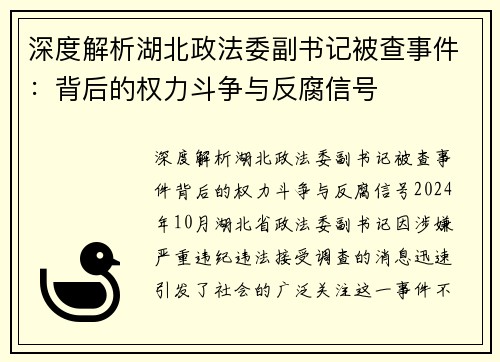 深度解析湖北政法委副书记被查事件：背后的权力斗争与反腐信号